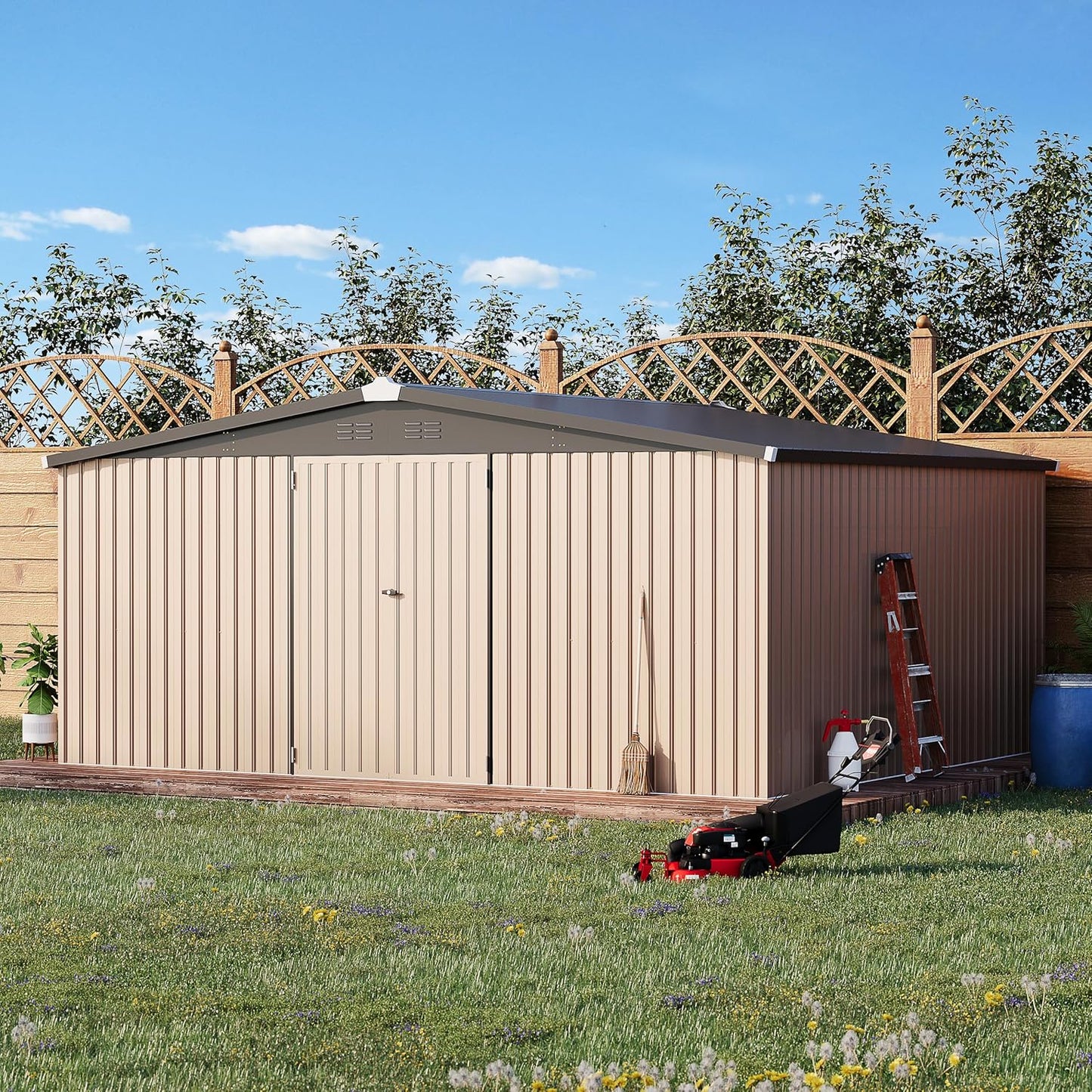 AECOJOY 14' x 12' Shed Outdoor Metal Storage, Large Storage Sheds & Outdoor Storage Clearance 14' x 12', Large Steel Yard Shed, Tool Storage for Garden, Backyard, Patio, Outside use in Grey