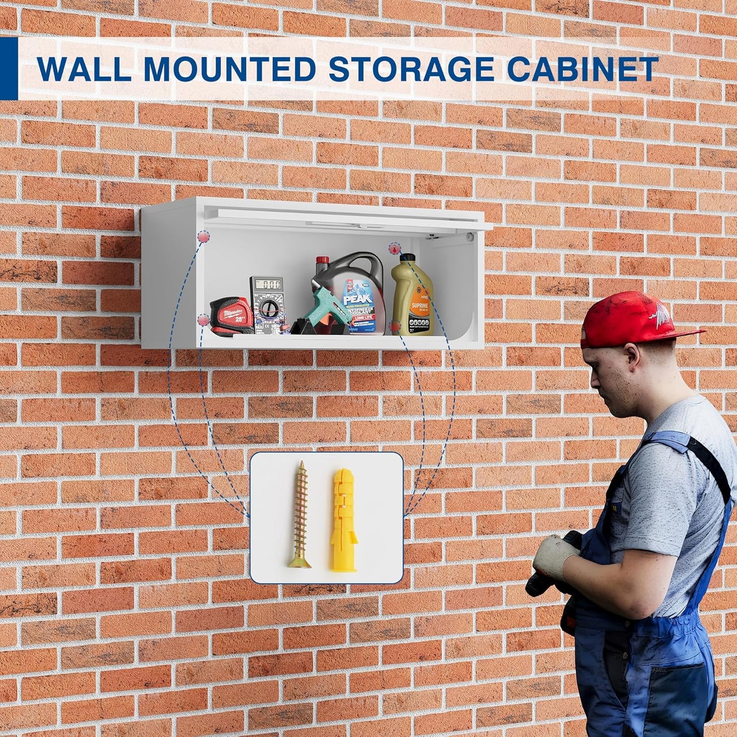 Metal Storage Cabinet White Wall Cabinets with Locking Door - Wall Mounted Storage Cabinet for Garage Warehouse Home Office - Assembly Required