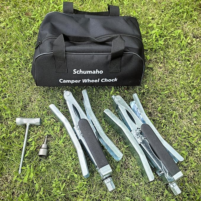 Camper Wheel Chock, Heavy Duty Rotatable X Shaped Stabilizer for RV Trailer (Drill Adjusted), 2 Sets of Tire Lock Chocks (Patented)