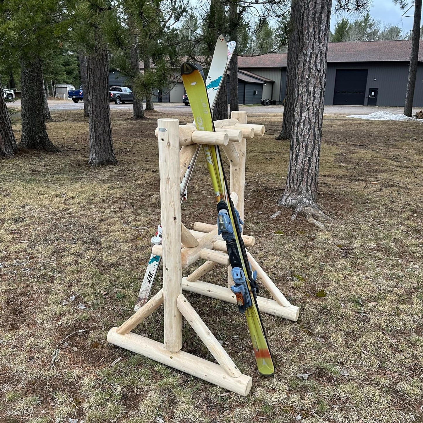 8-Place Freestanding Log Ski Rack Holder, Indoor & Outdoor Snowboard Racks, Standing Storage, Garage Racks for Snow Skis, Durable Snowboard Rack Garage Storage Organizer - Natural + 15" Anchor Kit