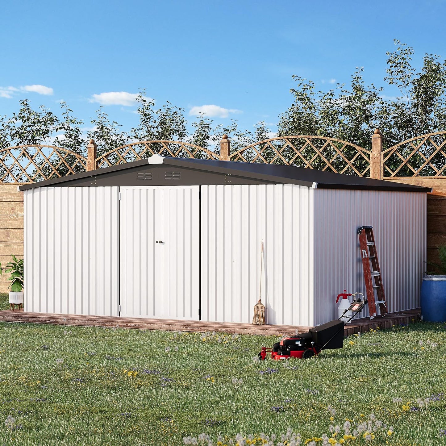 U-MAX Storage Shed 14x12 Outdoor Shed, Large Metal Outside Storage Garden Sheds & Outdoor Storage Shed Clearance, 12x14 Tool Shed Outdoor Storage Lockable for Backyard, Patio and Outside Use in White