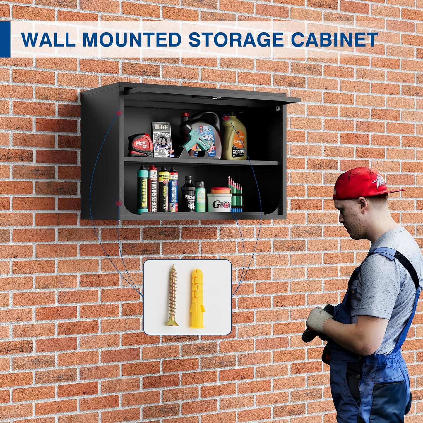 Metal Storage Cabinet Black Wall Cabinets with Shelf and Locking Door - Wall Mounted Storage Cabinet for Garage Warehouse Home Office - Assembly Required