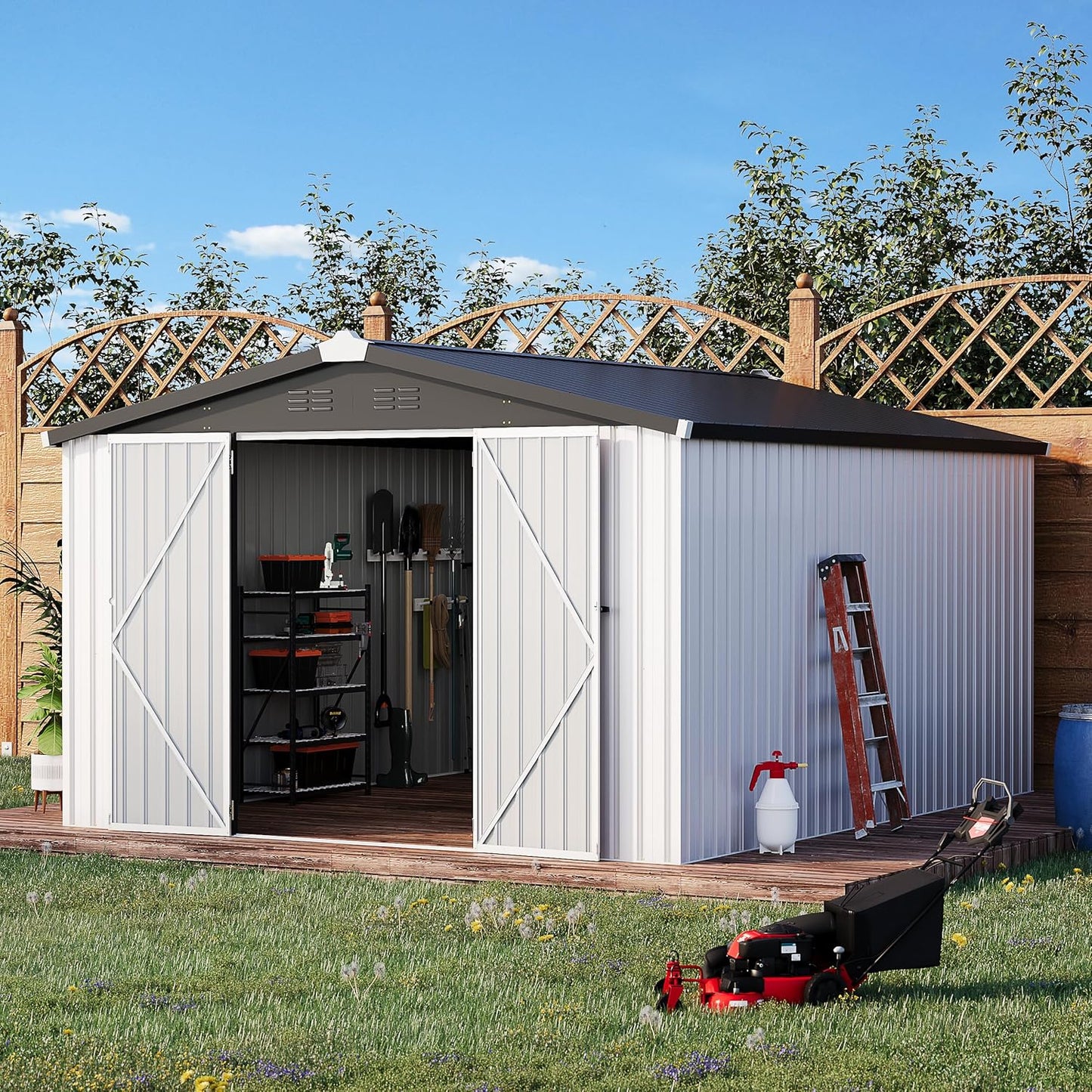 AECOJOY 10' x 14' Outdoor Storage Shed, 14x10 Large Metal Sheds & Outdoor Storage Clearance with Lockable Doors, Utility and Tool Storage Garden Shed for Backyard, Patio and Outside use